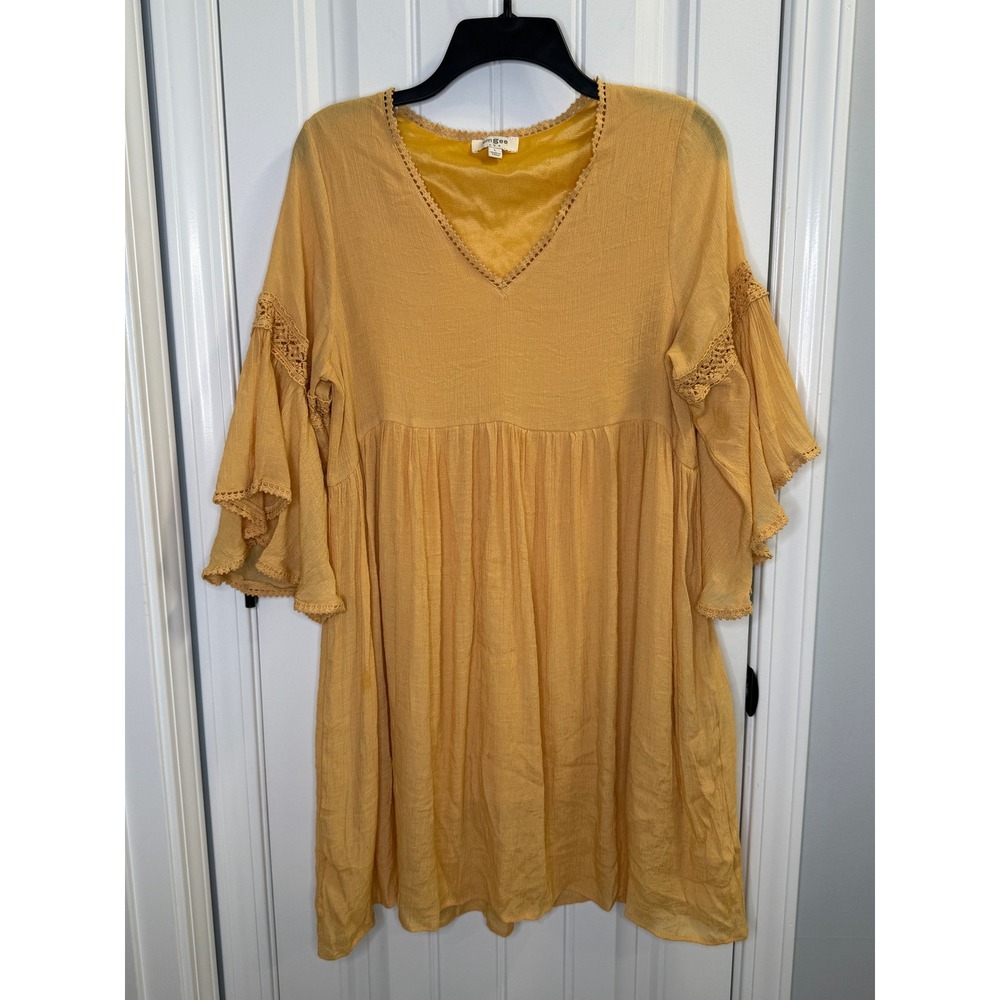 Umgee Large Mustard Yellow Babydoll Dress Boho Crochet Bell Sleeve Fairy Cottage